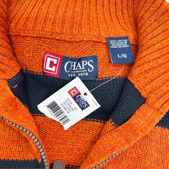 New- Chaps Men Black/Orange Striped Sweater Size L 1/4 Zip Pull Over Made In USA - Picture 6 of 8